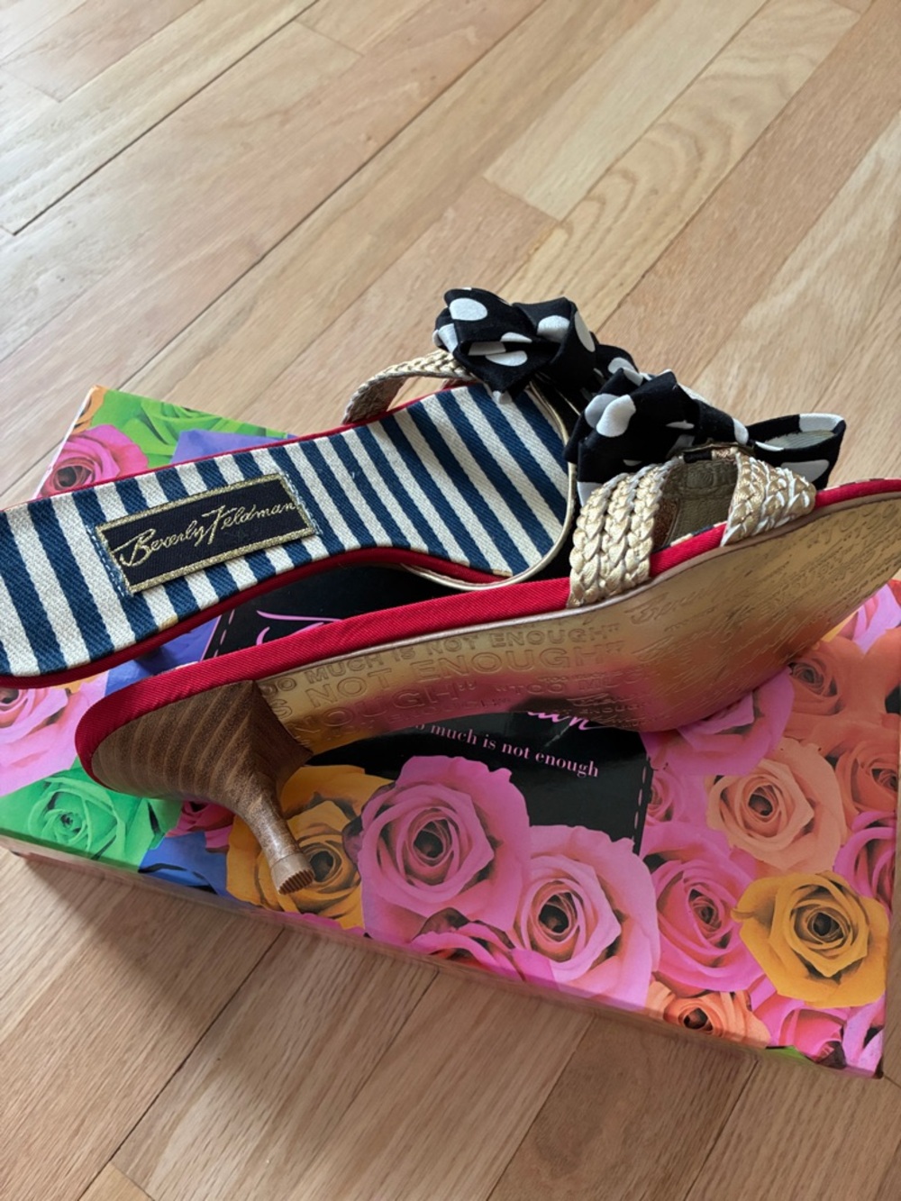 Betsey Johnson Navy & White Stripe Slide Mules with Black Polka Dot Bows - Picture 2 of 2